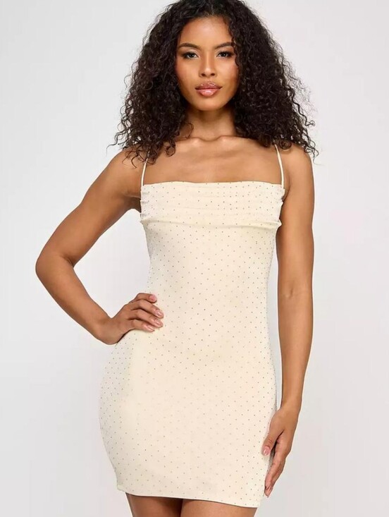 City Studio Dresses & Skirts - City Studio Beige Bodycon Dress M Cowl Neck Rhinestone Spaghetti Strap Backless